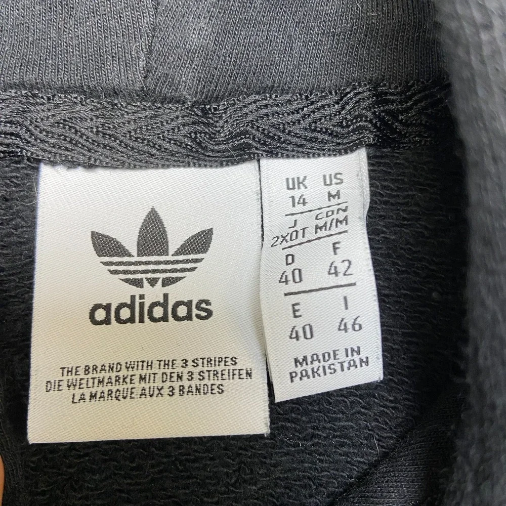 Adidas Trefoil Hoodie Mens M Black Graphic Logo Drawstring Ribbed Hem Pullover